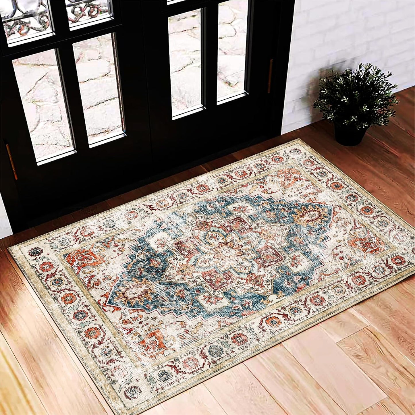 Beige Blue Area Rug 2'x3' Washable Rug Door Mat Vintage Distressed Doormat Indoor Entrance Traditional Thin Floral Print Non Slip Carpet for Kitchen Bathroom Bedroom Living Room