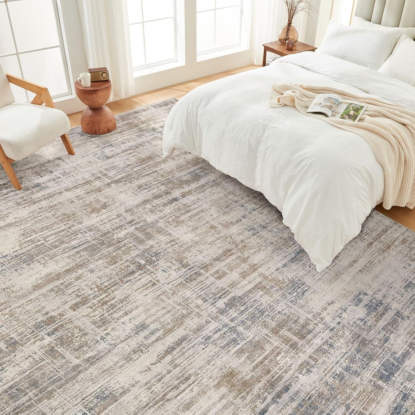 Area Rug for Living Room: 7x9 Washable Neutral Abstract Modern Soft Rugs Non Slip Indoor Floor Stain Resistant Large Carpet for Bedroom Dining Room Office Nursery - Brown