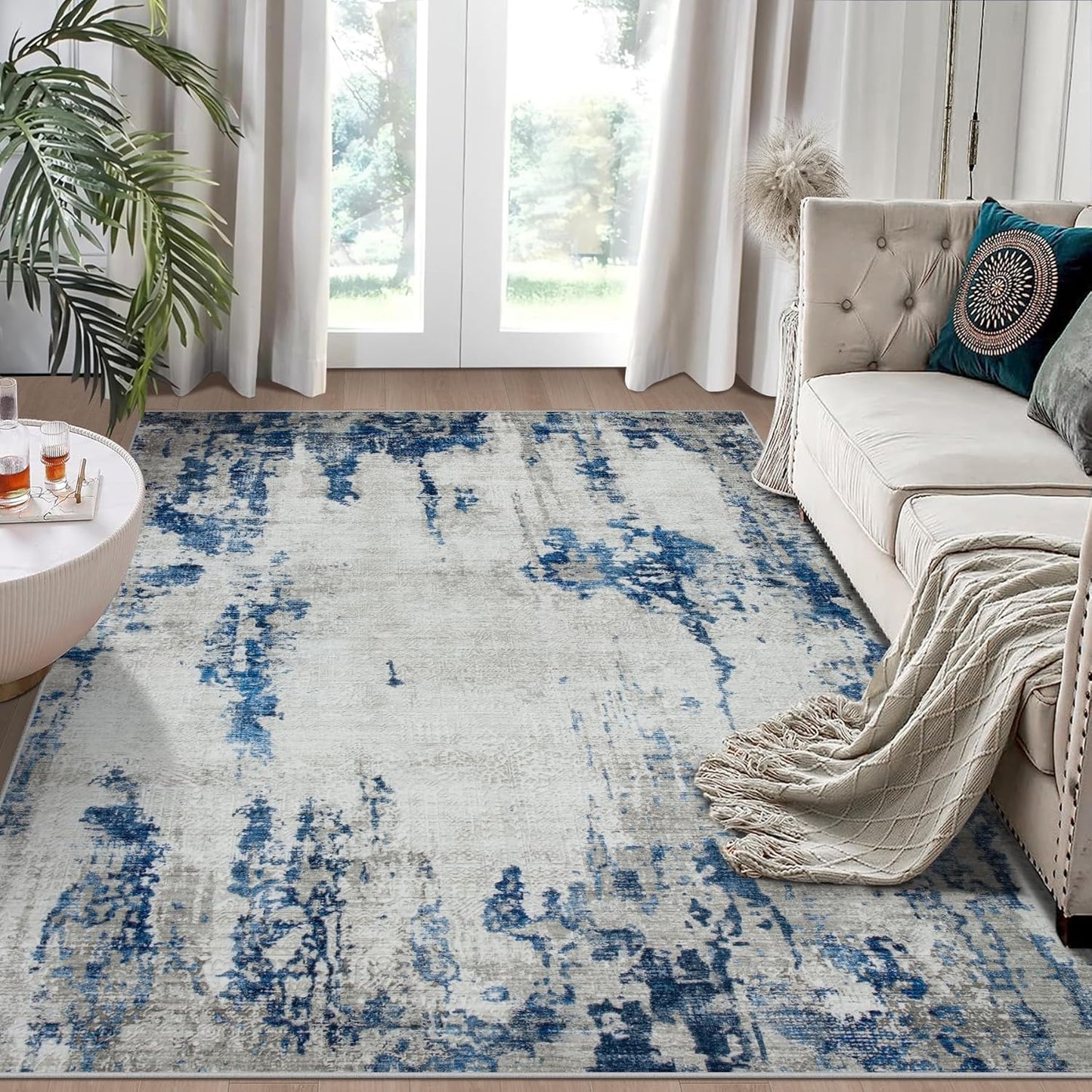 6x9 Area Rugs for Living Room Rug Washable: Modern Rug for Dining Room Bedroom Carpet Non Slip Low Pile 6 by 9 Indoor Abstract Nursery Home Office Blue White