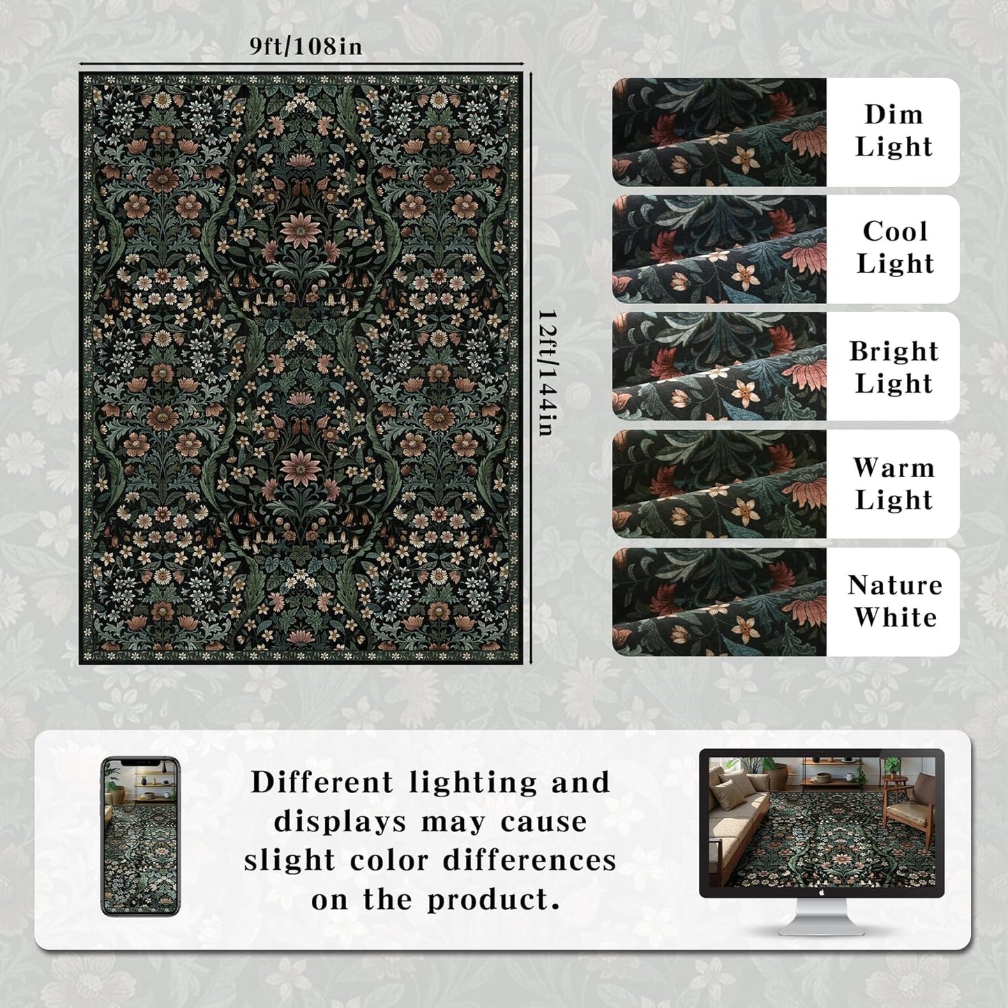 9x12 Black Vintage Floral Area Rug,Washable Large Boho Living Room Rugs,Botanical Print Non-Slip Stain Resistant Lightweight Carpet for Bedroom Dining Room Nursery