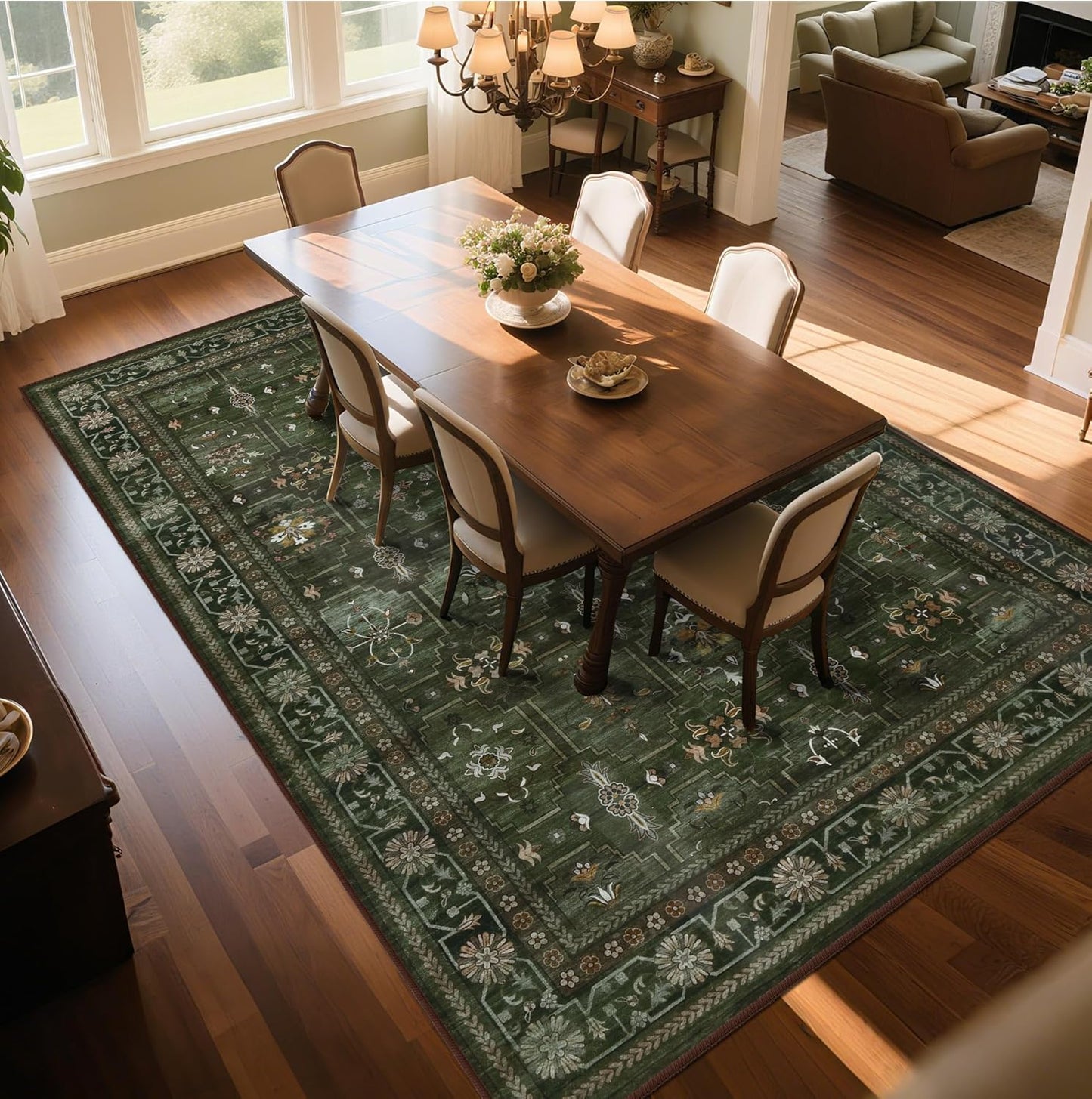 8x10 Washable Area Rug for Living Room, Non Slip Vintage Floral Print Rugs No Shedding, Distressed Thin Retro Accent Carpet for Bedroom Nursery Farmhouse Dining Room Dark Green