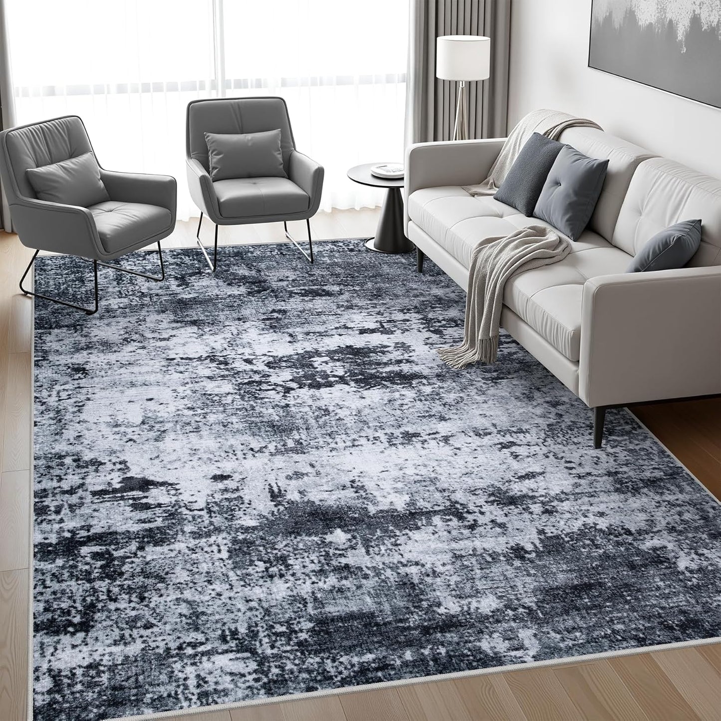 9x12 Area Rug Living Room Rug: Washable Modern Abstract Soft Thin Rug Indoor Floor No Slip Stain Resistant Carpet for Bedroom Dining Room Farmhouse Nursery Home Office - Black