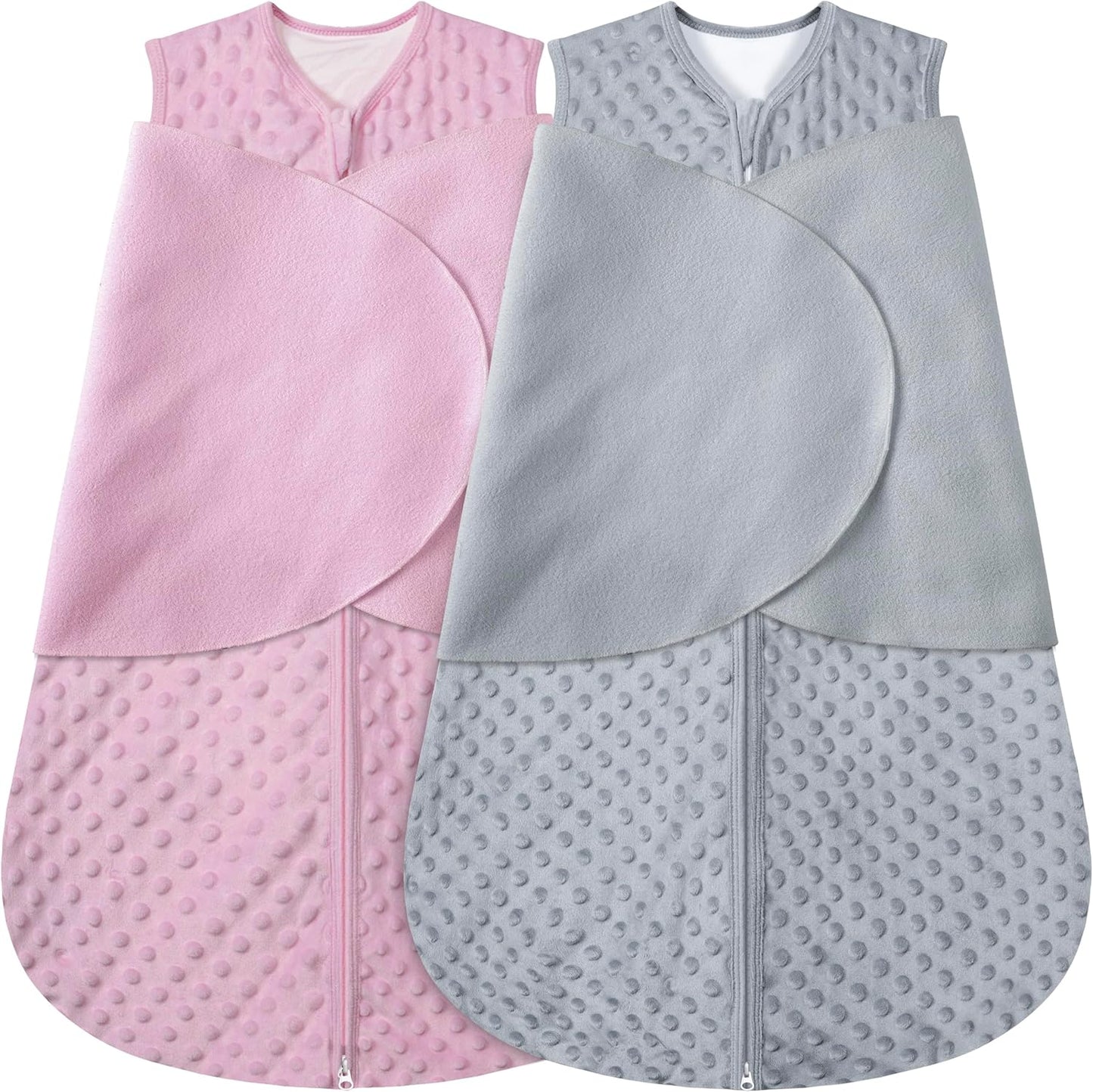 Fleece Newborn Sleep Sack Baby Swaddle,3-Way Adjustable Wearable Blanket,2 Pack Fleece Swaddling Sleeping Bag TOG 2.0， (Gray & Pink, 0-3 Months)