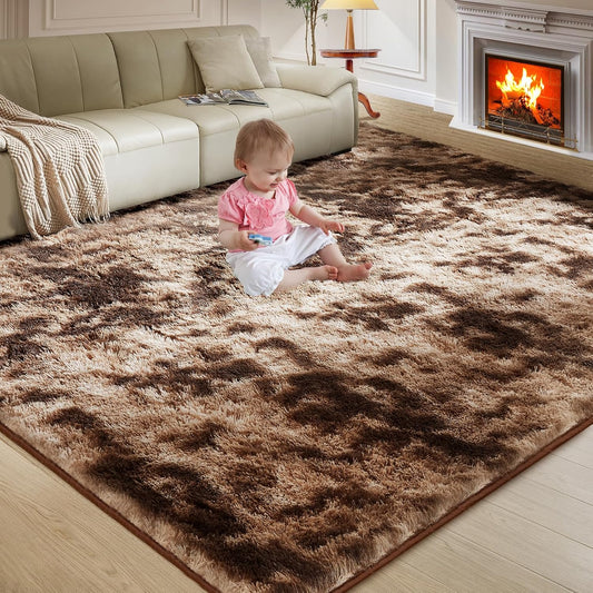 Ultra Soft Rug for Living Room, 5X8 Fluffy Shag Area Rug for Bedroom, Modern Shaggy Carpet Fuzzy Rug for Teens Dorm Nursery Home Decor Aesthetic, Upgrade Anti-Skid Durable, Tie-Dyed Coffee