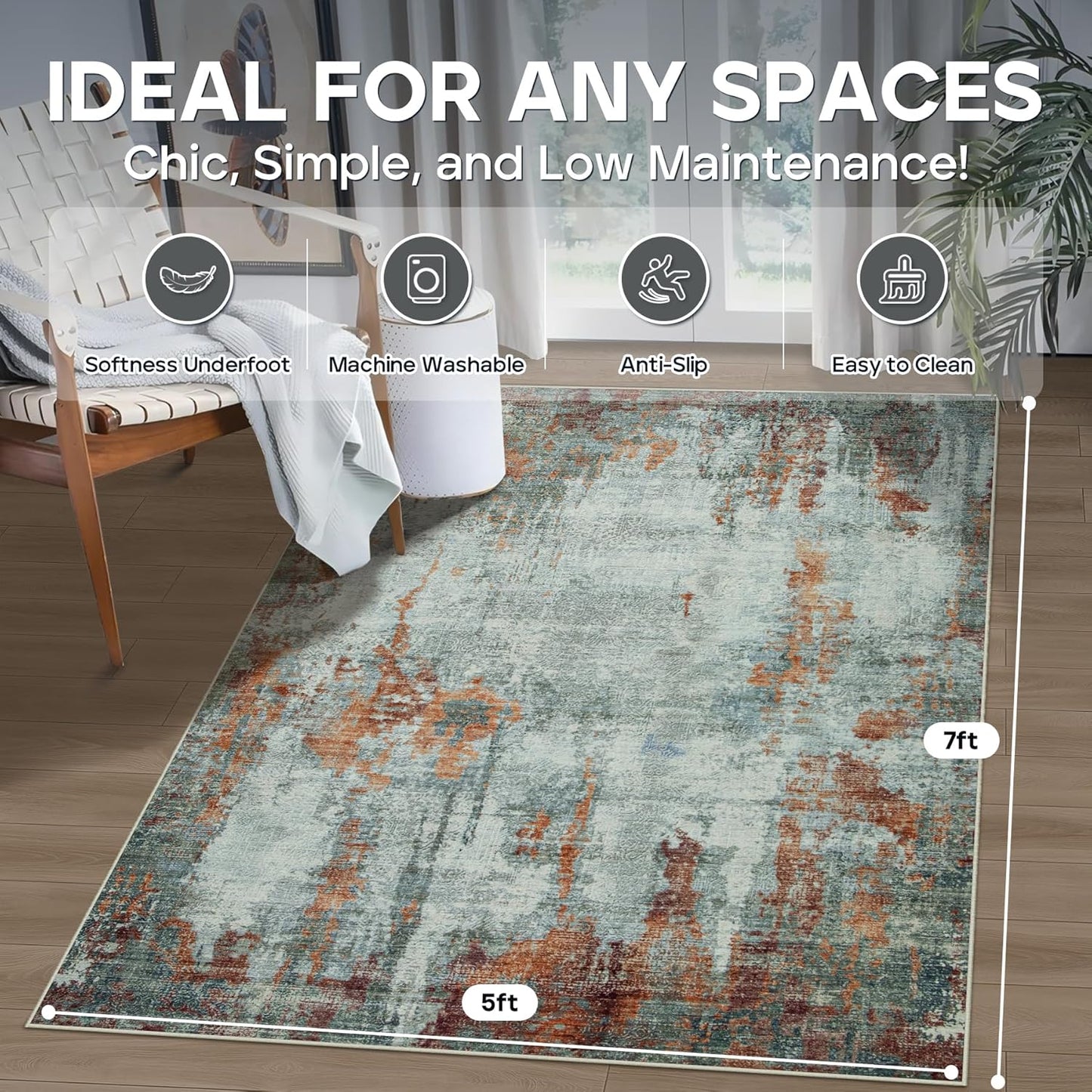 5x7 Area Rugs for Living Room Rug Washable: Modern Rug for Dining Room Bedroom Carpet Non Slip Low Pile 5 by 7 Indoor Abstract Nursery Home Office Red Brown