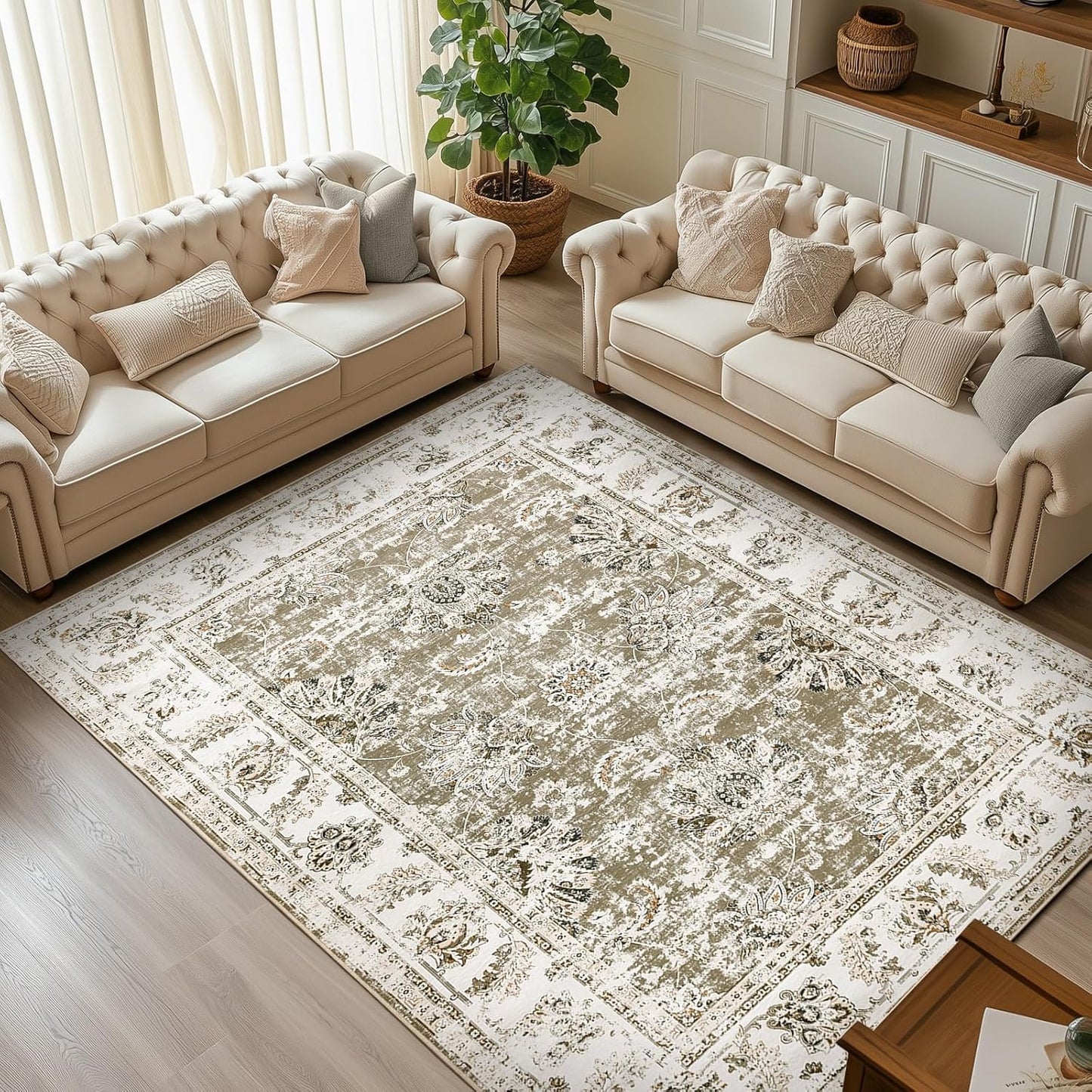 jinchan 6x9 Area Rugs for Living Room - Machine Washable Vintage Floral Distressed Design Stain Resistant Boho Carpet Ultra-Thin Low Pile Non-Slip Rug for Bedroom Dining Room Home Office (6‘x9',Taupe)