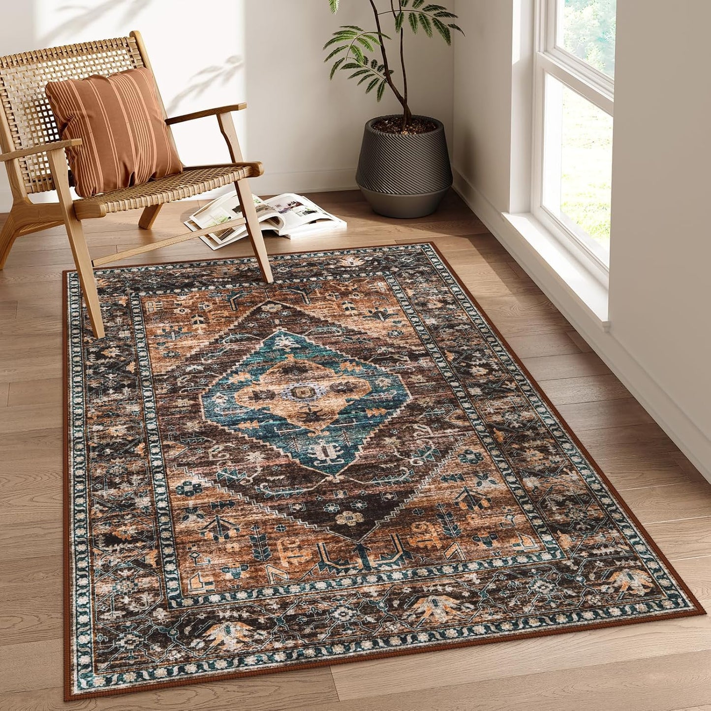 Lahome Washable Living Room Area Rug - 3x5 Non-Slip Ultra-Thin Rugs for Entryway, Throw Small Stain Resistant Kitchen Rugs, Vintage Medallion Print Carpet Rug for Office Bedroom Laundry Room Office