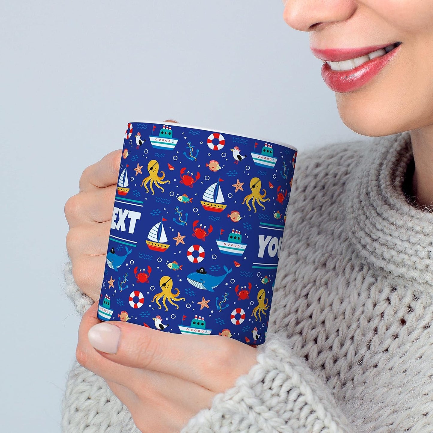 Personalized Mug for Kids - Nautical - Custom Name/Text, Ceramic Hot Chocolate/Cocoa/Coffee Cup for Boys/Girls, Birthday/Christmas/Holiday Gift - 15 oz, Black Handle