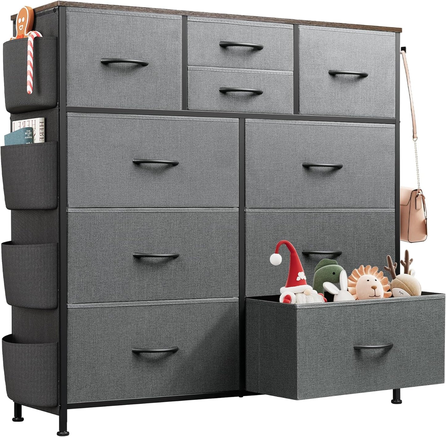WLIVE Dresser for Bedroom with 10 Drawers, Fabric Dresser Chest of Drawers with Side Pockets and Hooks, Sturdy Metal Frame, Drawers Organizer Unit for Room, Hallway, Dark Gray