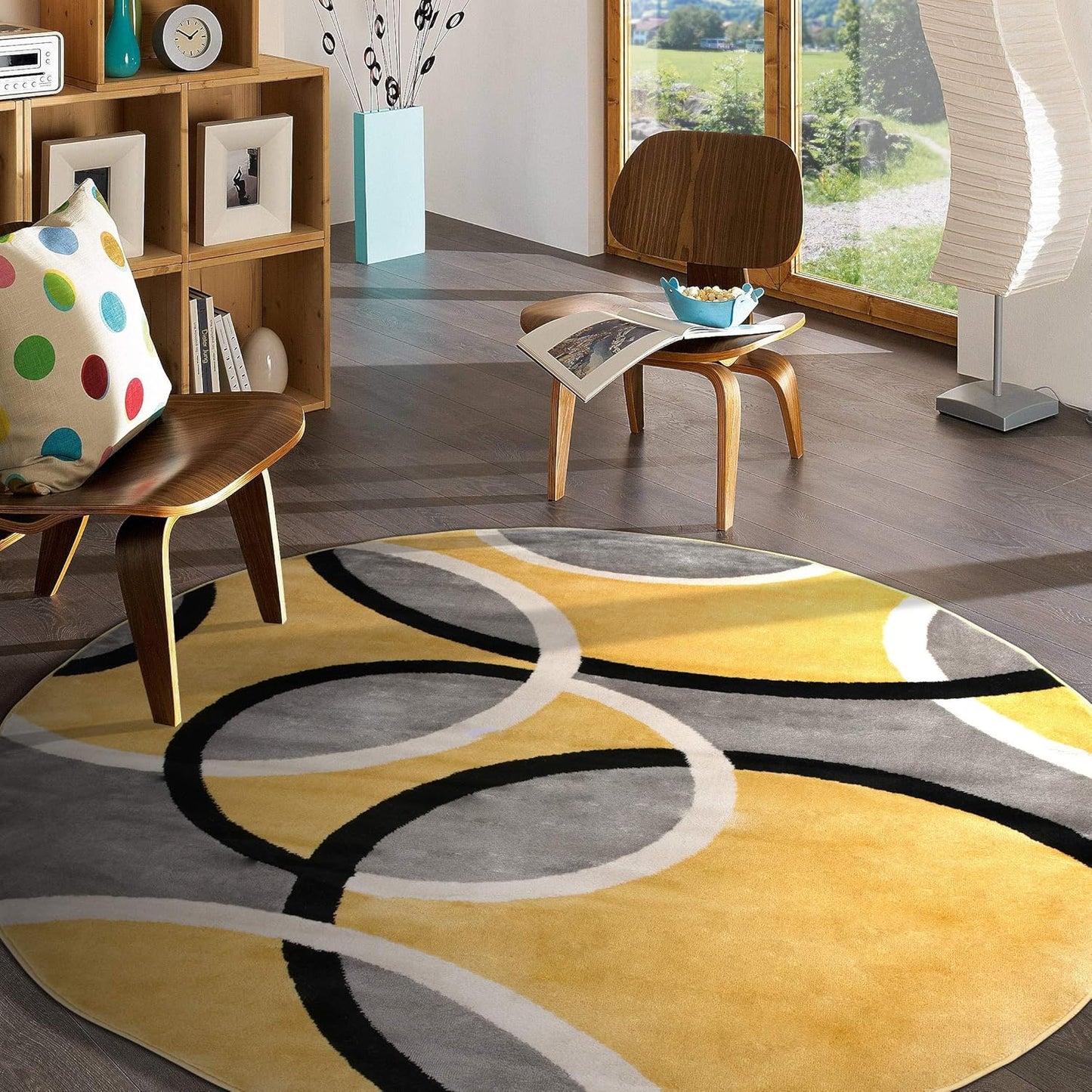 Rugshop Contemporary Abstract Circles Easy Maintenance for Home Office,Living Room,Bedroom,Kitchen Soft Round Rug 6' 6" (6' 6" Diameter) Yellow