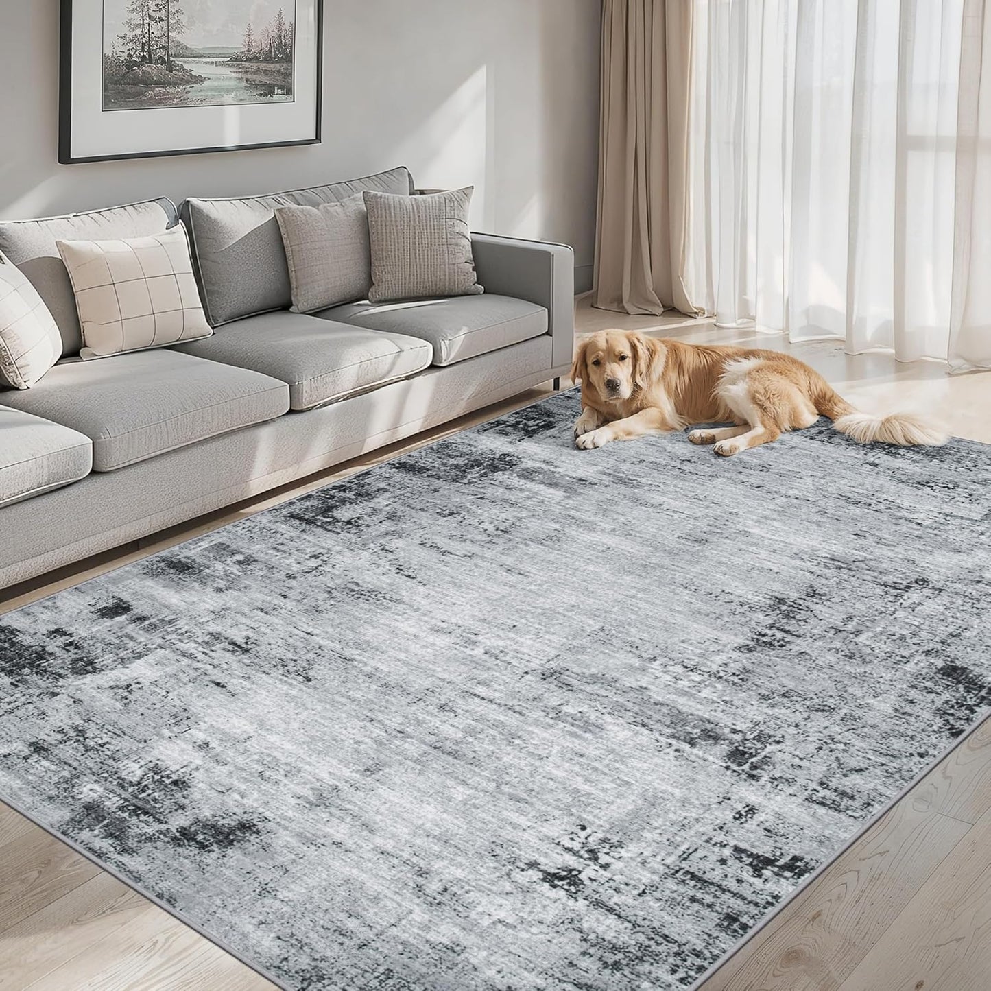 Area Rugs 10x14 Living Room - Washable Rug Modern Abstract Soft Large Neutral Non-Slip Carpet Indoor Floor Thin Carpets for Bedroom Dining Room Farmhouse Nursery Home Office Black