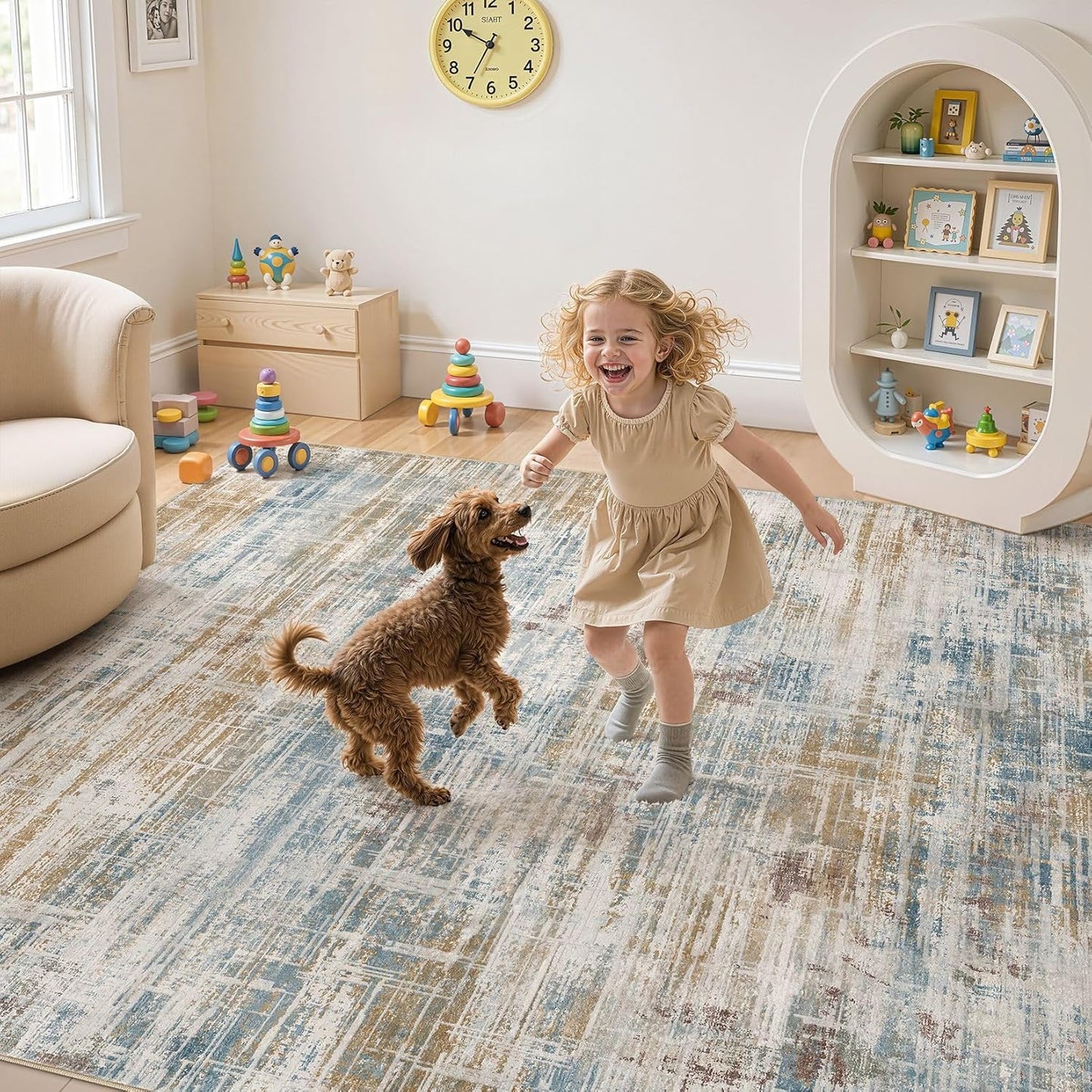 Area Rug for Living Room: 5x7 Washable Neutral Abstract Modern Soft Rugs Non Slip Indoor Floor Stain Resistant Carpet for Bedroom Dining Room Office Nursery - Blue Brown