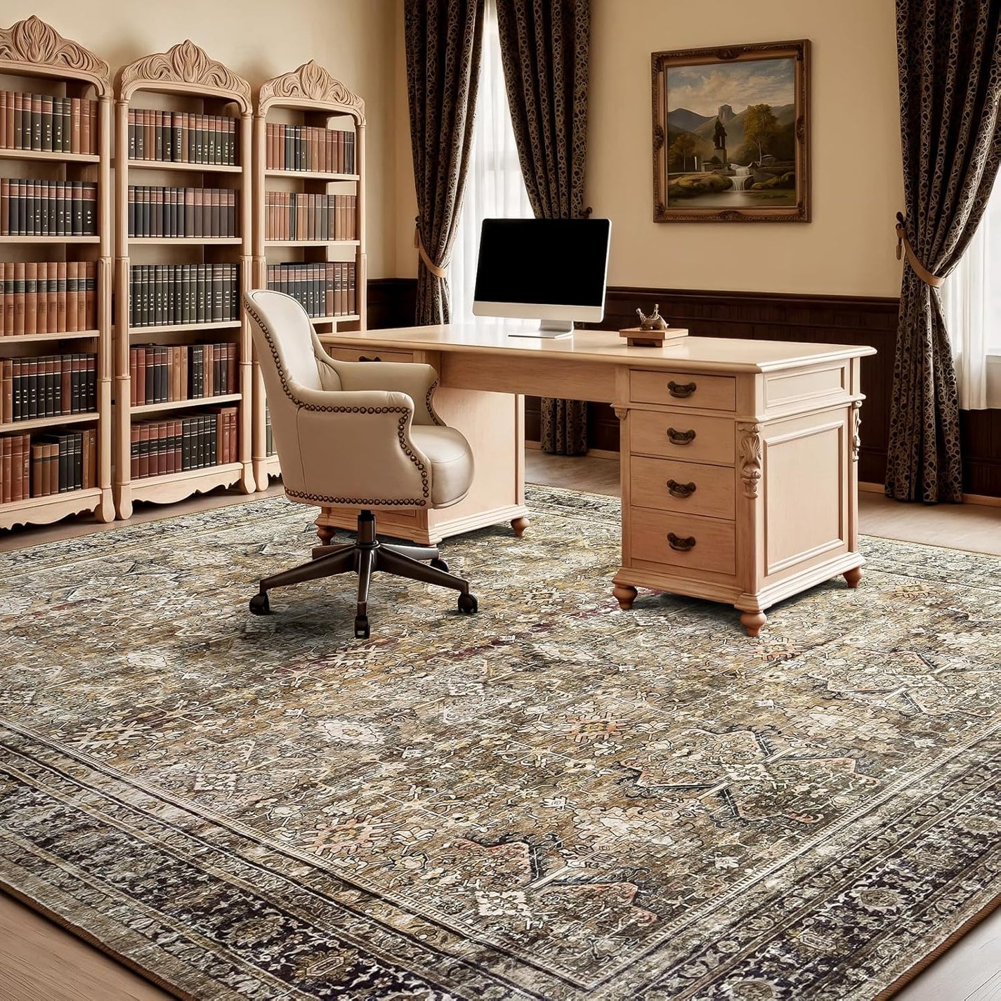 Lofus 9x12 Area Rug for Living Room,Brow Washable Large Rugs with Non-Slip Backing,Soft Neutral Carpets for Bedroom Dining Room Home Office Indoor Nursery