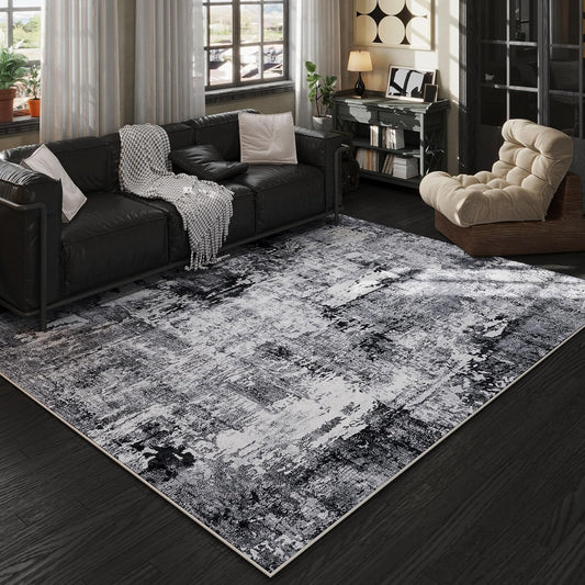6x9 Rug Washable Bedroom Rug Large Soft Area Rug Abstract Pattern Non-Slip Faux Wool Vintage Rug for Living Room, Farmhouse, Dining Room, Kids Playroom, Grey and Black