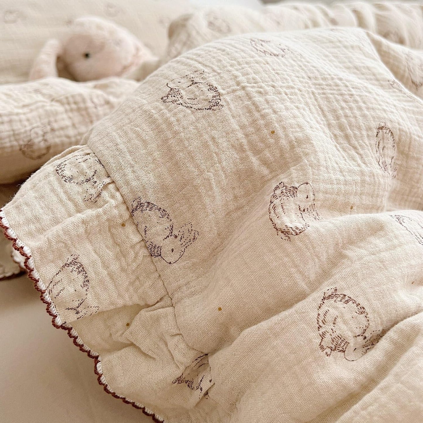 BuLuTu 2-Layer Cotton Muslin Toddler Pillowcase Rabbit Pattern, Soft Breathable Travel Pillow Case Fit for Boys Girls Toddler Pillow 13"x18"or 14"x19", Nursery Decor Kids Pillow Cover 14"x20"
