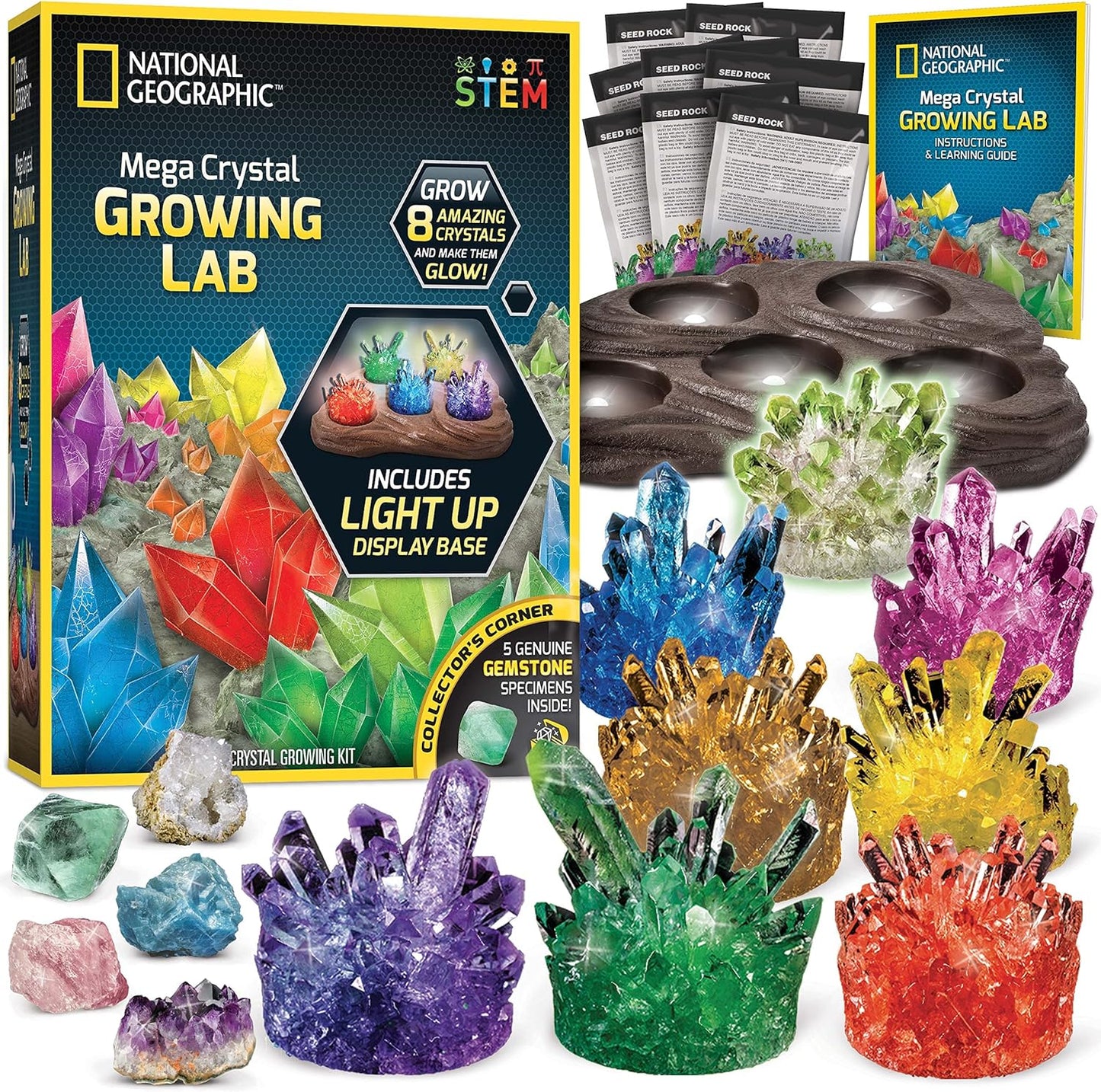 NATIONAL GEOGRAPHIC Mega Crystal Growing Kit for Kids- Grow 8 Crystals with Light-Up Stand, Science Gifts for Kids 8-12, Crystal Making Experiment, Science Kit for Girls and Boys