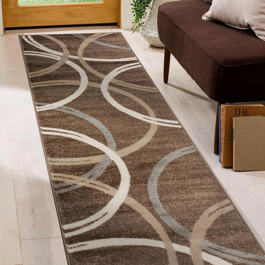 Rugshop Modern Wavy Circles Design Runner Rug 2' x 10' Brown