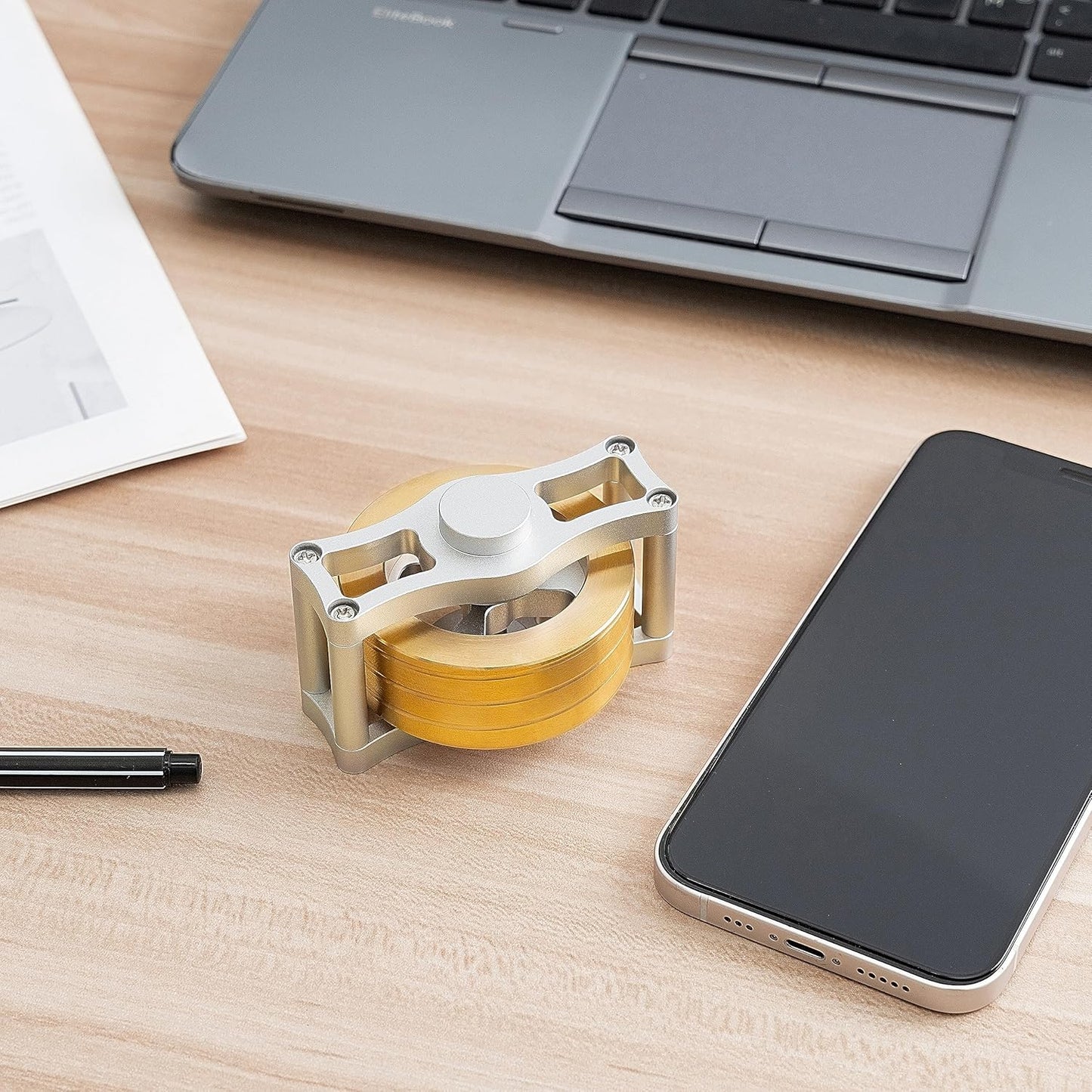 Kinetic Spinning Top Brass, Desk Fidget Toy for Adults, Stress Relief Toy for Office, Gold