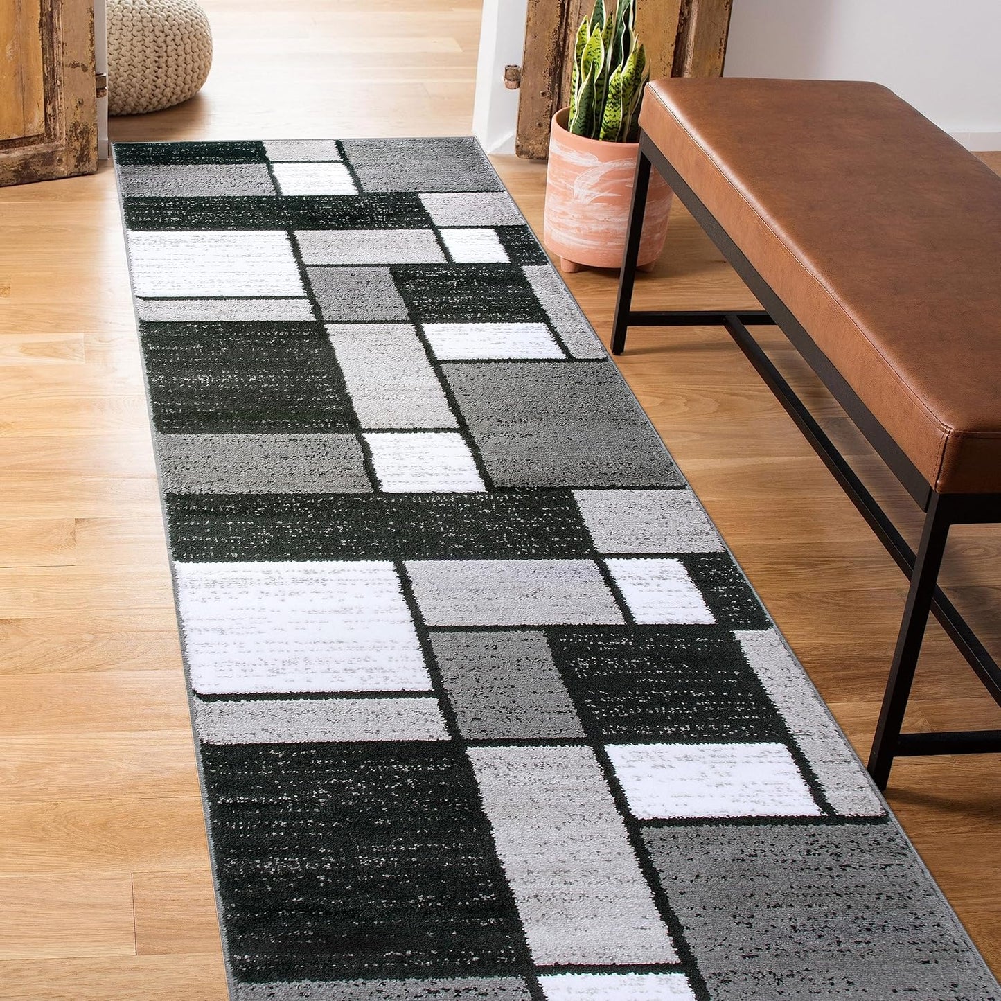 Contemporary Modern Boxes Grey Area Rug Runner 2' x 7' 2"