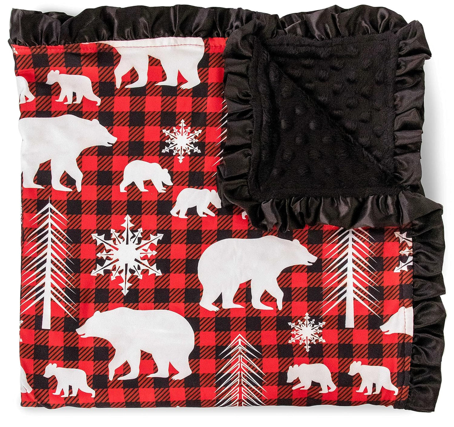 Top Tots Baby Blanket - Bear Cubs & Snowflakes with Minky Dot & Satin Ruffle, 31 x 31 Inch Red & Black Plaid