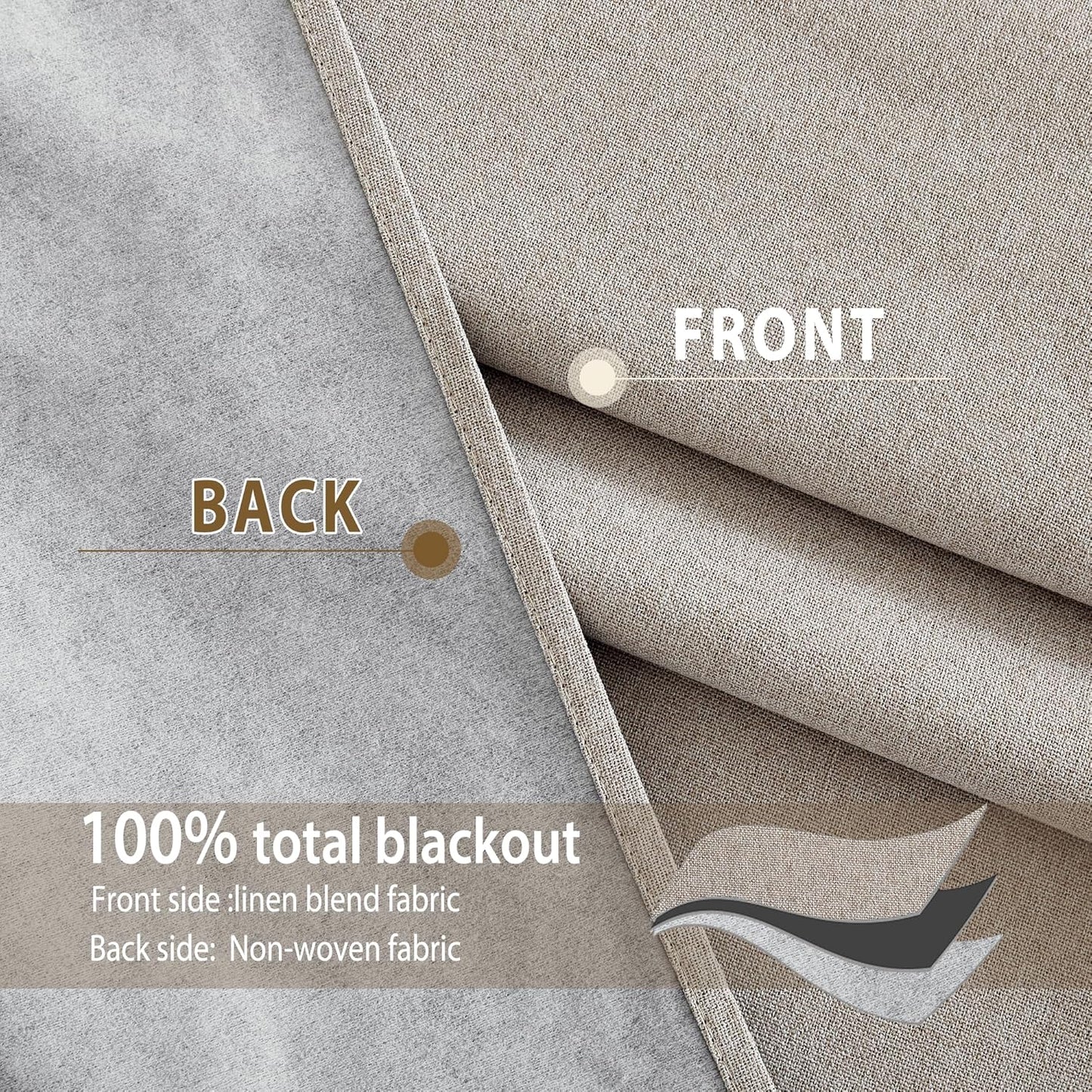 NICETOWN 100% Blackout Natural Faux Linen Curtains 95 inches Length for Dining Room, 2 Panels Set, 52" Wide, Farmhouse Style Room Cooling Window Draperies with Thermal Insulated Liners