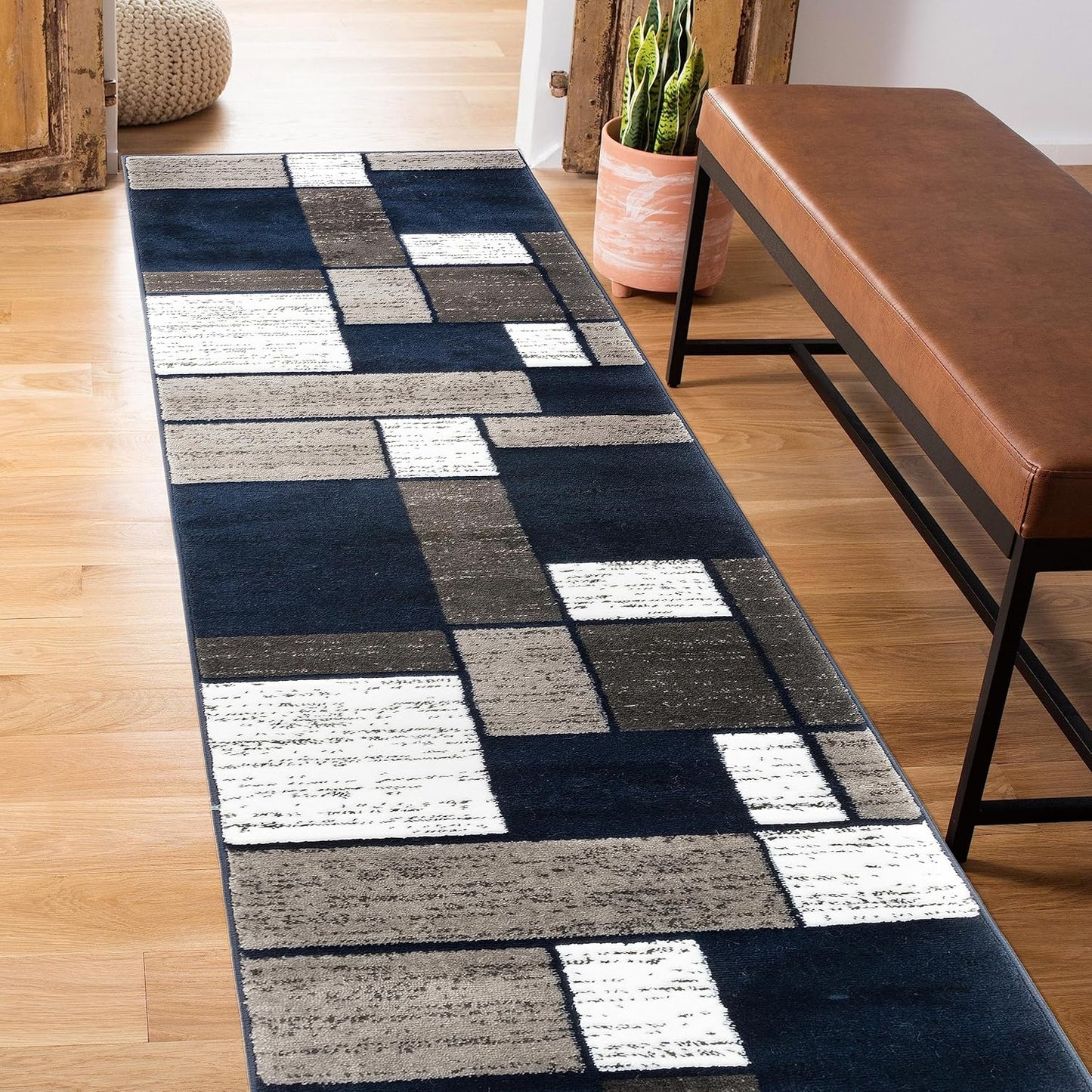 Rugshop Contemporary Modern Boxes Runner Rug 2' x 7'2"Navy