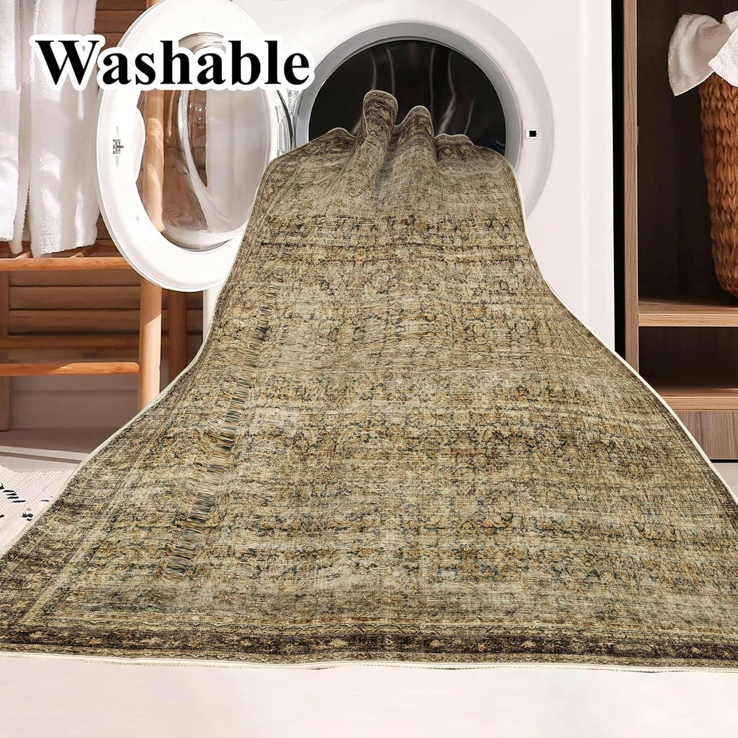 5x7 Washable Area Rug Vintage Brown Traditional Floor Cover Foldable Thin Rug Kitchen Accent Rug Indoor Distressed Non Slip Carpet Floral Print Mat Bedroom Living Room Bathroom