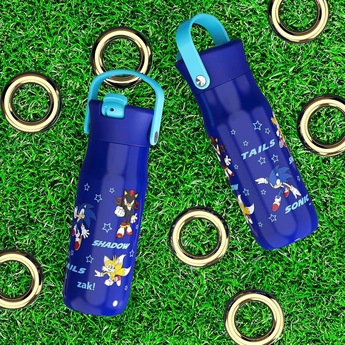 Zak Designs Harmony Sonic the Hedgehog Water Bottle for Travel or Home, 20oz Recycled Stainless Steel is Leak-Proof When Closed and Vacuum Insulated with Straw Lid and Carry Handle (Sonic & Friends)