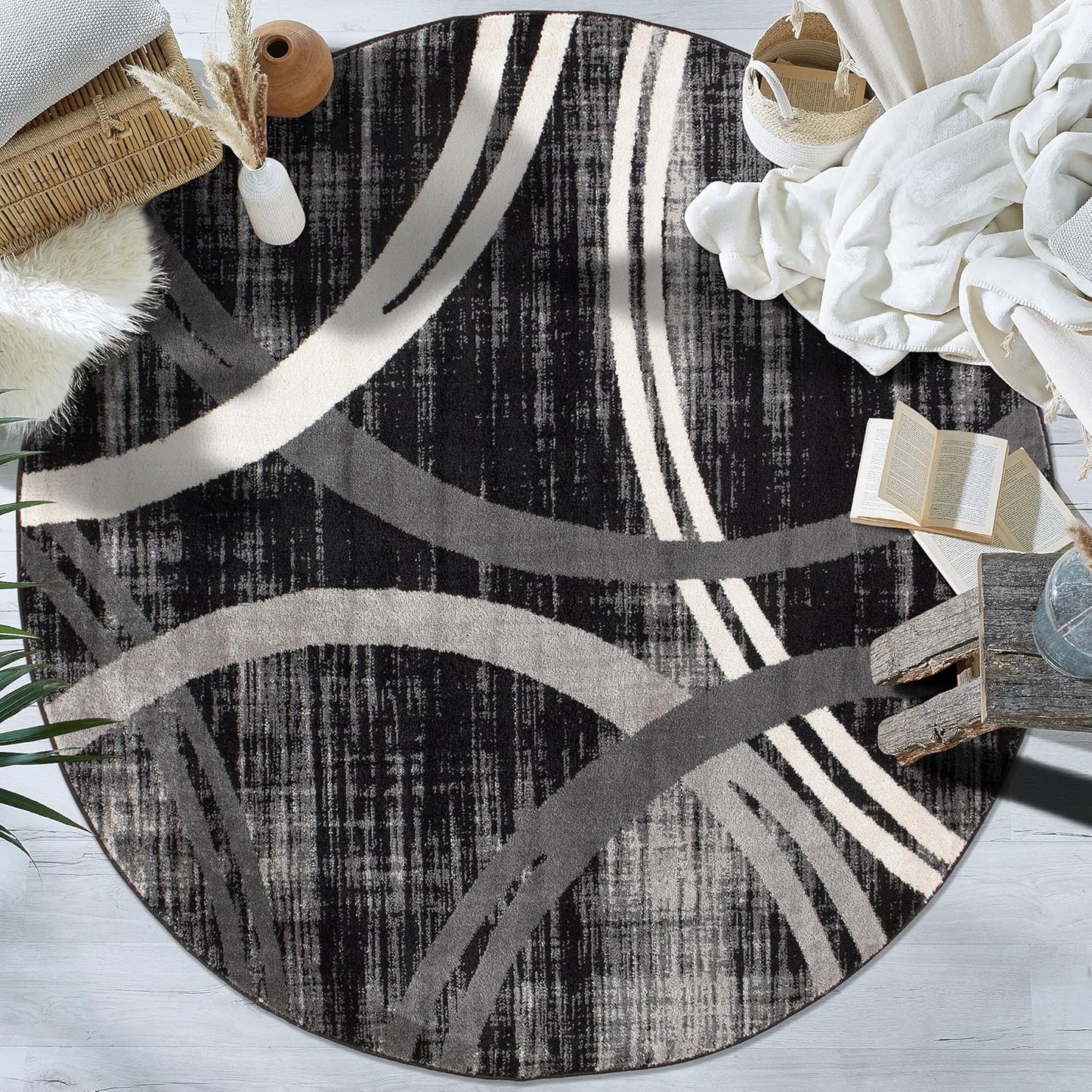 Rugshop Modern Wavy Circles Design Round Rug 6' 6" (6' 6" Diameter) Black